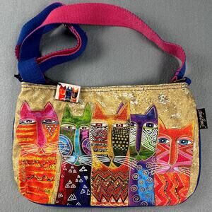 Laurel Burch Cat Shoulder Bag Metallic Gold Cotton Art Purse